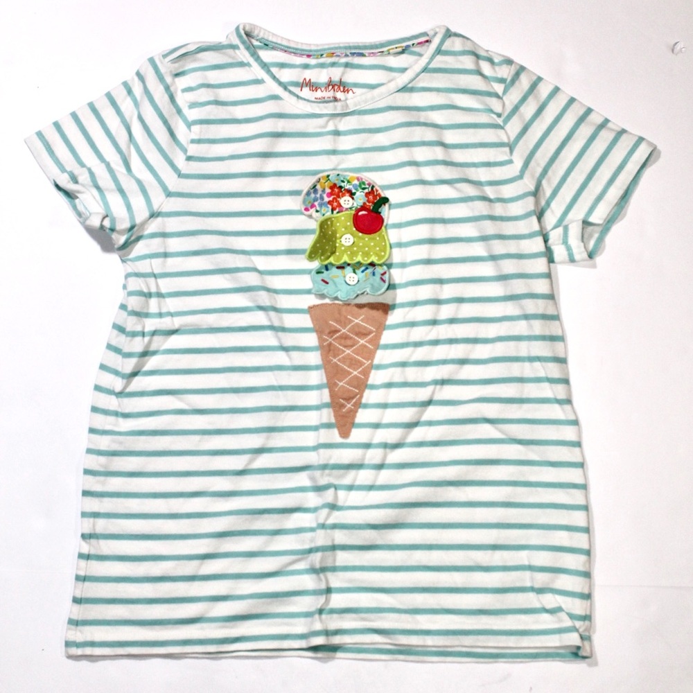 Mini Boden Mint & White Stripe Ice Cream Appliqué Tee